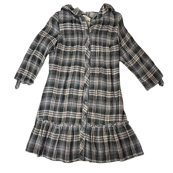 MONTEAU Blue Red Plaid 3/4 Sleeve Hooded Button Down Mini Dress Small - Picture 7 of 9